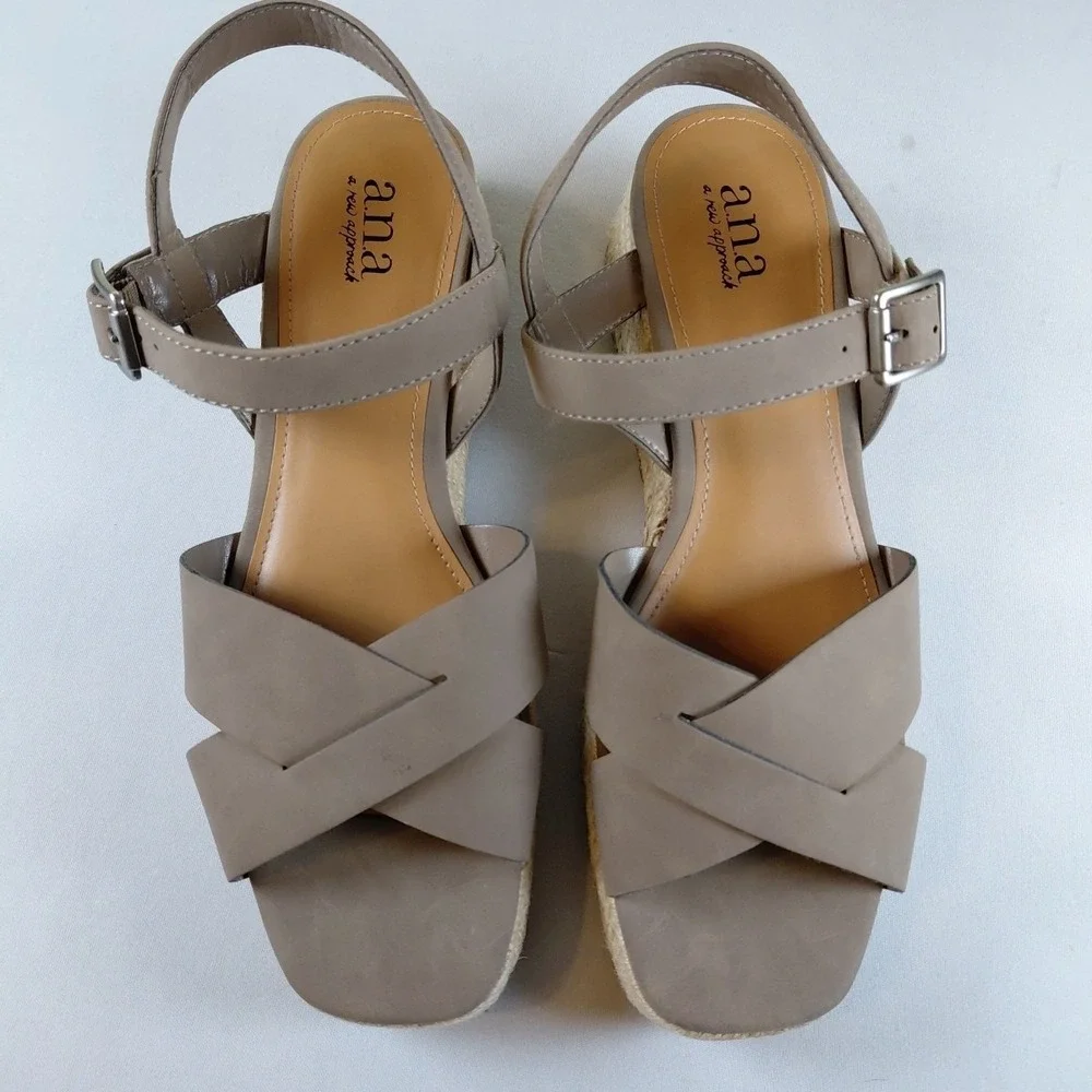 A.N.A Ana Eloise 8M Espadrille Wedge Sandals Ankle Strap Crossband Light Brown - Picture 3 of 11